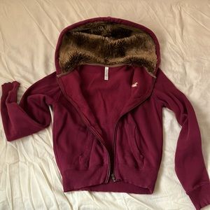 Maroon hoodie with faux fur lined hood